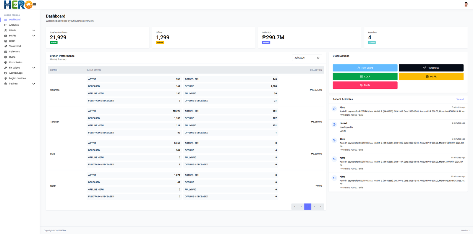 Screenshot of HERO Collection Management System